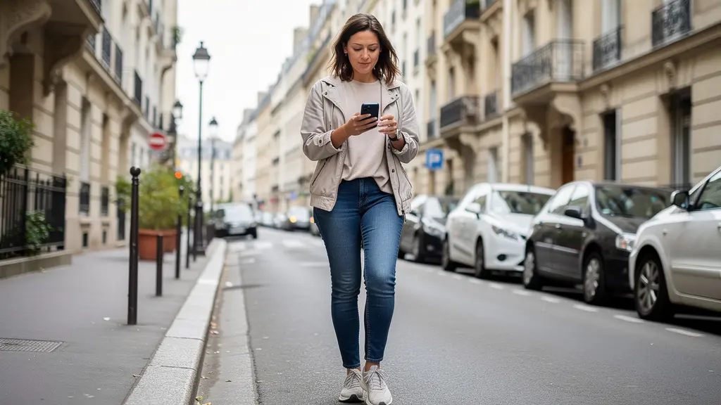 Femme consultant son téléphone devant des immeubles parisiens
