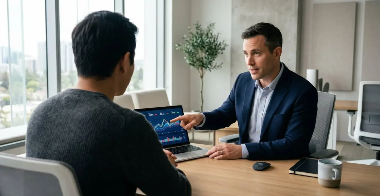 Conseiller financier analysant un dossier de crédit immobilier avec son client dans un bureau moderne