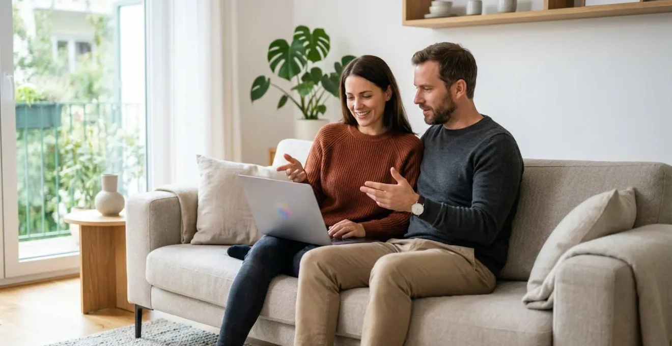 Couple trentenaire analysant ensemble leur projet immobilier sur ordinateur dans un salon lumineux