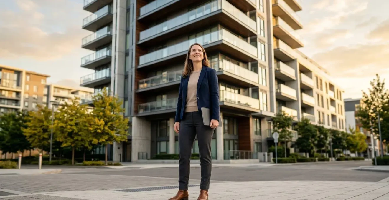 Femme professionnelle confiante devant un immeuble résidentiel moderne visualisant son futur bien immobilier