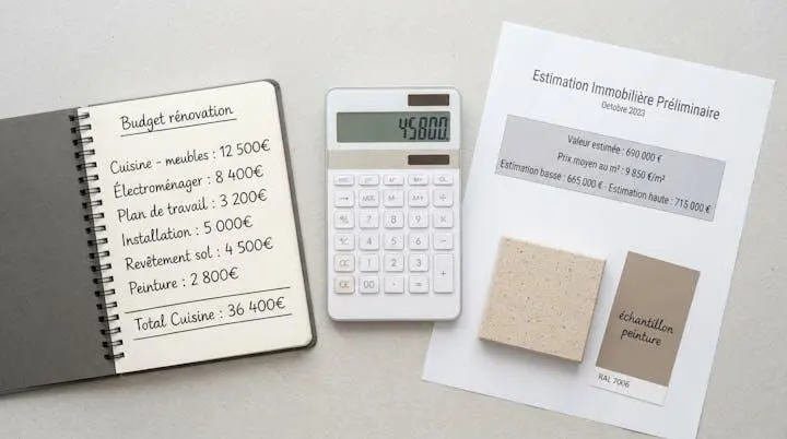 Calculatrice, carnet de budget manuscrit, estimation immobilière et échantillons de matériaux de cuisine disposés sur une table de travail