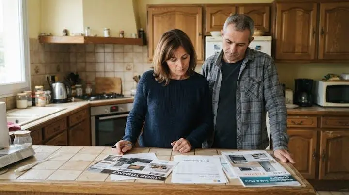 Couple de quadragénaires consultant des brochures de rénovation cuisine et des devis dans leur cuisine datée des années 1990