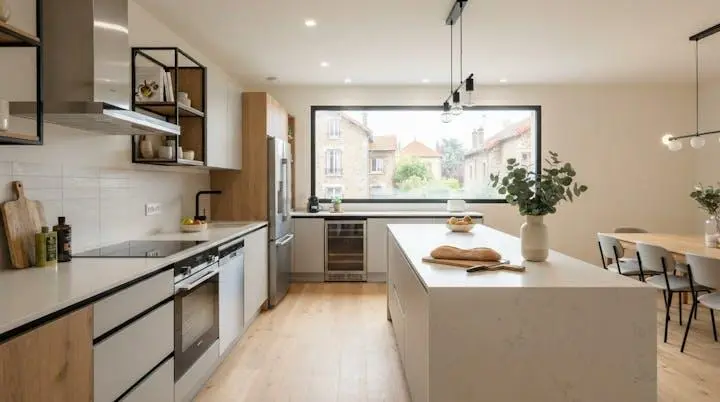 Cuisine contemporaine entièrement aménagée avec plan de travail en quartz, électroménager encastré et façades lisses dans une maison résidentielle française préparée pour la vente