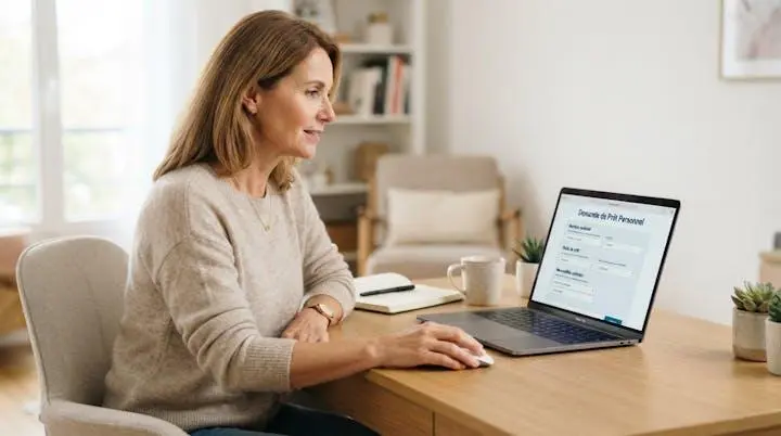 Femme d'une cinquantaine d'années effectuant une demande de crédit travaux en ligne sur son ordinateur portable à domicile